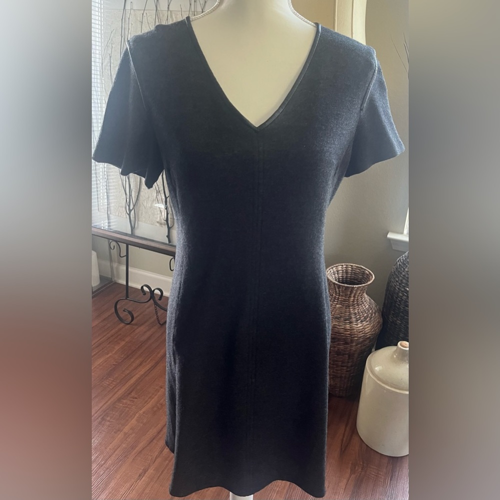 St. John Leather Trim Wool Dress